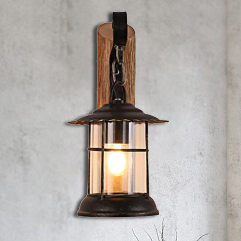 Kerosene Dining Room Wall Lighting Fixture Antiqued Clear Glass 1-Head Brown Sconce with Wood Leaf/Key Backplate Brown B Clearhalo 'Art deco wall lights' 'Cast Iron' 'Glass' 'Industrial wall lights' 'Industrial' 'Middle century wall lights' 'Modern' 'Rustic wall lights' 'Tiffany' 'Traditional wall lights' 'Wall Lamps & Sconces' 'Wall Lights' Lighting' 1043881