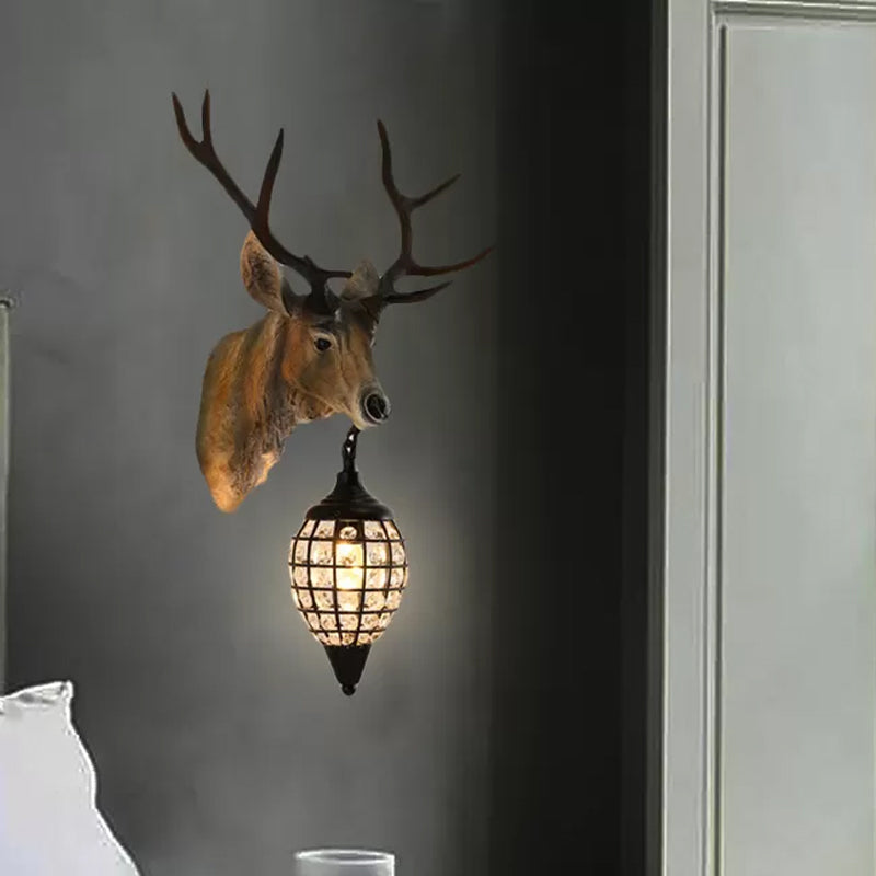 Farmhouse Deer Head Wall Lamp Single-Bulb Resin Sconce Lighting in Brown/Gold with Crystal Shade Clearhalo 'Wall Lamps & Sconces' 'Wall Lights' Lighting' 1043889