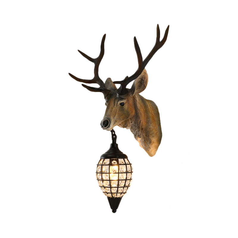 Farmhouse Deer Head Wall Lamp Single-Bulb Resin Sconce Lighting in Brown/Gold with Crystal Shade Clearhalo 'Wall Lamps & Sconces' 'Wall Lights' Lighting' 1043890