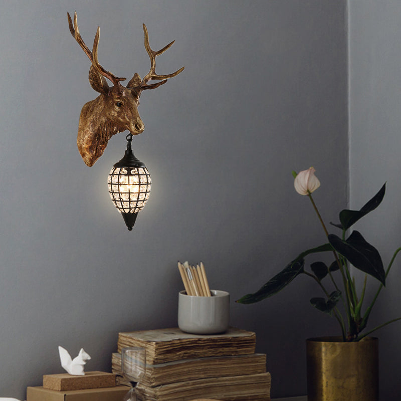 Farmhouse Deer Head Wall Lamp Single-Bulb Resin Sconce Lighting in Brown/Gold with Crystal Shade Clearhalo 'Wall Lamps & Sconces' 'Wall Lights' Lighting' 1043892