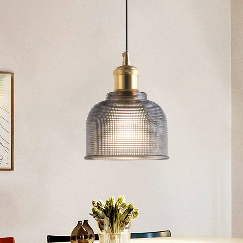 Traditional Cup Shaped Pendant Light Ridged Glass 1 Light Hanging Lamp for Balcony Kitchen Smoke Gray Clearhalo 'Ceiling Lights' 'Glass shade' 'Glass' 'Modern Pendants' 'Modern' 'Pendant Lights' 'Pendants' Lighting' 1044099