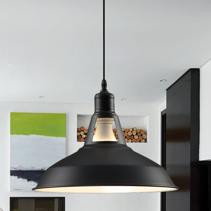 Farmhouse Barn Shade Hanging Lamp 10.5/12/15 Inch Wide 1 Light Metallic Pendant Light Fixture in Black/White for Hotel Black Clearhalo 'Art Deco Pendants' 'Black' 'Cast Iron' 'Ceiling Lights' 'Ceramic' 'Crystal' 'Industrial Pendants' 'Industrial' 'Metal' 'Middle Century Pendants' 'Pendant Lights' 'Pendants' 'Rustic Pendants' 'Tiffany' Lighting' 1044132