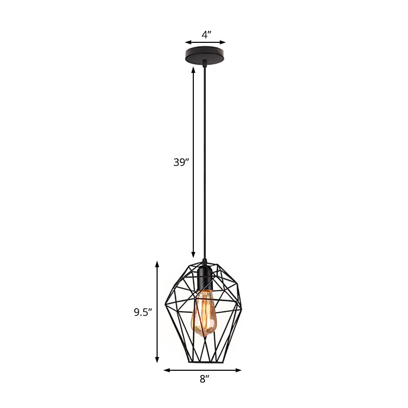 1 Head Wire Cage Ceiling Pendant Light Industrial Black Metallic Ceiling Fixture with Geometric Shade Clearhalo 'Art Deco Pendants' 'Black' 'Cast Iron' 'Ceiling Lights' 'Ceramic' 'Crystal' 'Industrial Pendants' 'Industrial' 'Metal' 'Middle Century Pendants' 'Pendant Lights' 'Pendants' 'Rustic Pendants' 'Tiffany' Lighting' 104466