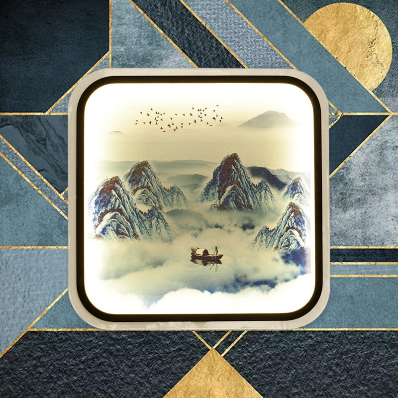 Mountain Patterned Square Mural Lamp Chinese Style Fabric Grey/Blue LED Flush Mount Wall Light for Living Room Clearhalo 'Wall Lamps & Sconces' 'Wall Lights' Lighting' 1046850