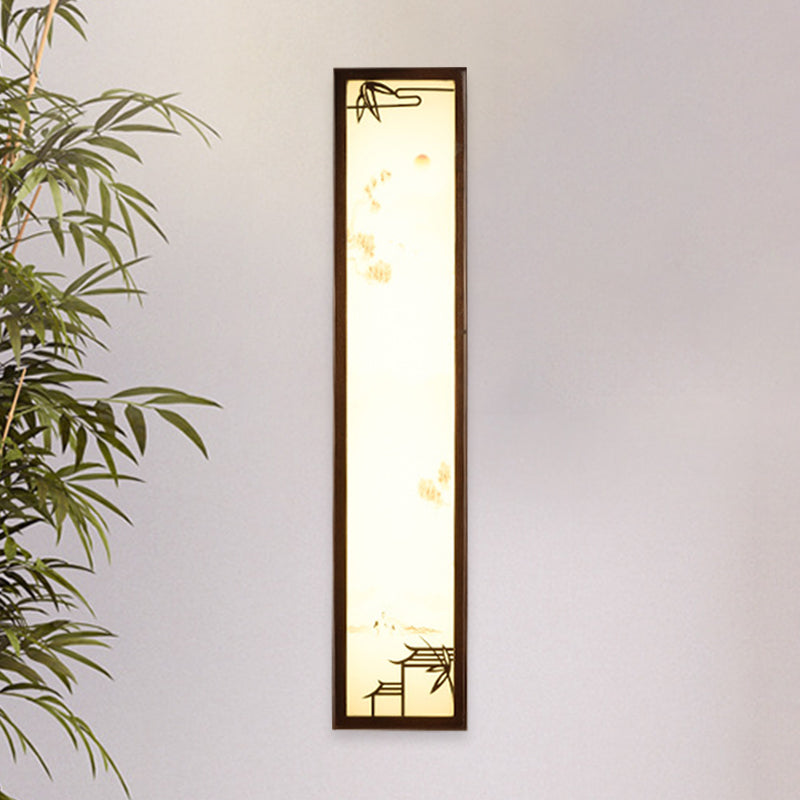 Acrylic Rectangle Mural Light Flush Mount Asian Brown LED Wall Light Sconce with Bamboo and House Pattern Clearhalo 'Wall Lamps & Sconces' 'Wall Lights' Lighting' 1046880