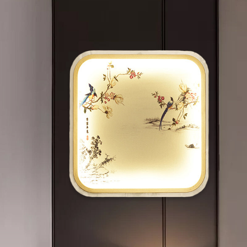 Chinese Style LED Flush Mount Black Leaf/Flower Painting Wall Mural Lighting with Fabric Shade Clearhalo 'Wall Lamps & Sconces' 'Wall Lights' Lighting' 1046918