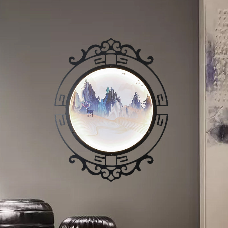 Elk and Mountain Study Room Mural Lamp Metal Asian LED Wall Light Fixture with Scroll Frame in Black Clearhalo 'Wall Lamps & Sconces' 'Wall Lights' Lighting' 1046922