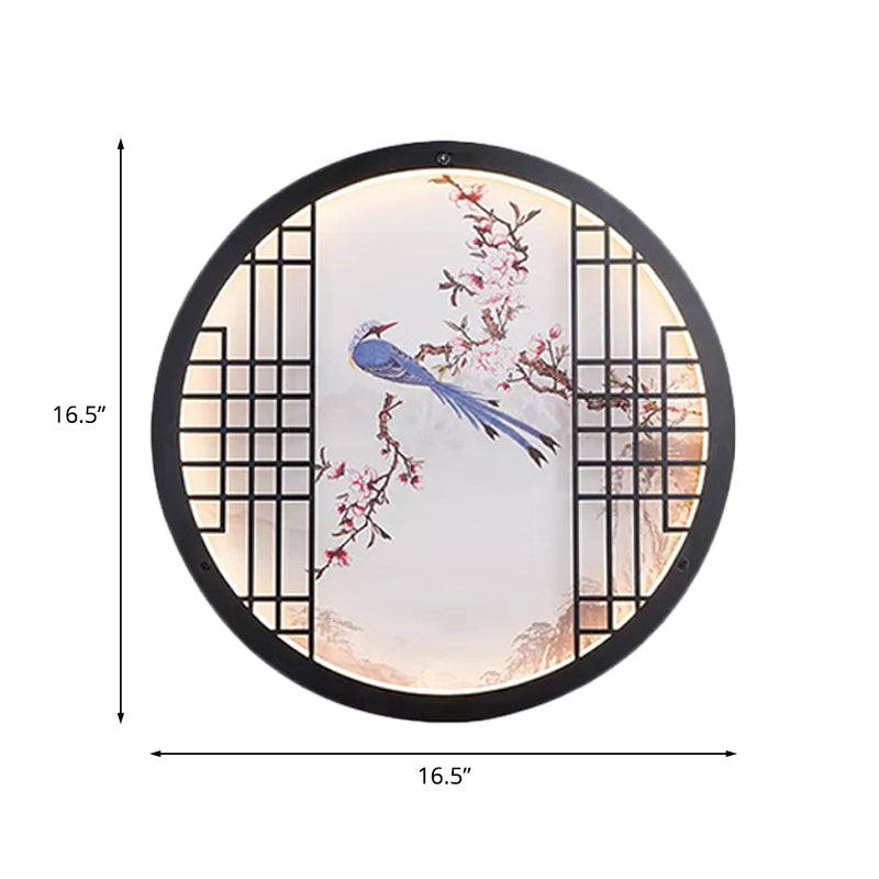 Round Ultrathin Bedroom Wall Art Fabric LED Chinese Mural Light with Bird and Flower Branch Pattern in Black Clearhalo 'Wall Lamps & Sconces' 'Wall Lights' Lighting' 1046961