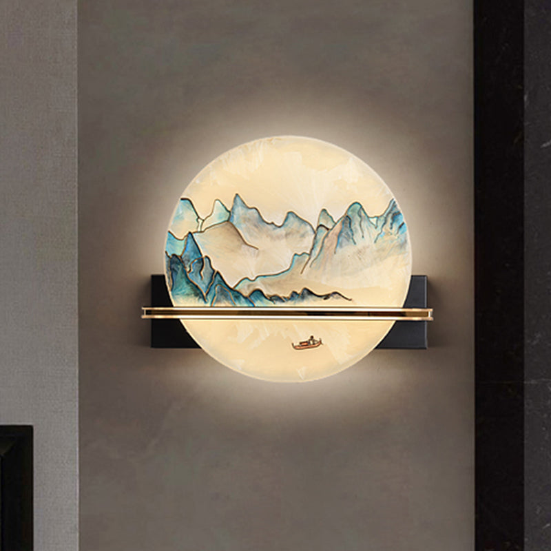 Blue and White Hills Painting Mural Light Chinese Metal LED Flush Wall Sconce for Bedside Blue-White Clearhalo 'Wall Lamps & Sconces' 'Wall Lights' Lighting' 1047013