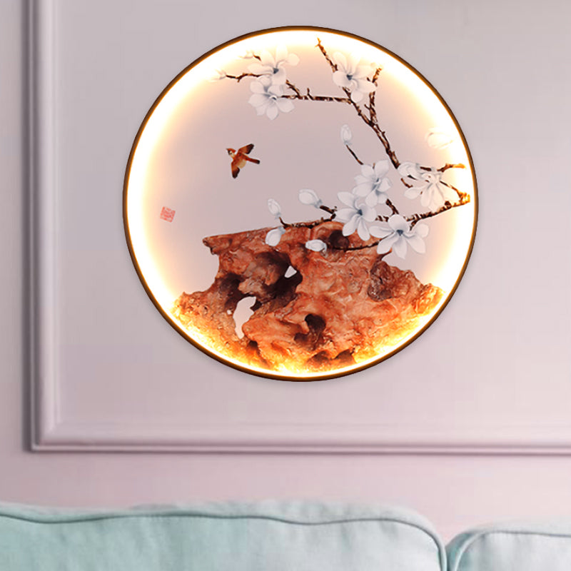 Elk/Bird Painting Wall Mural Lamp Asia Fabric Black LED Sconce Light Fixture for Tearoom Clearhalo 'Wall Lamps & Sconces' 'Wall Lights' Lighting' 1047072