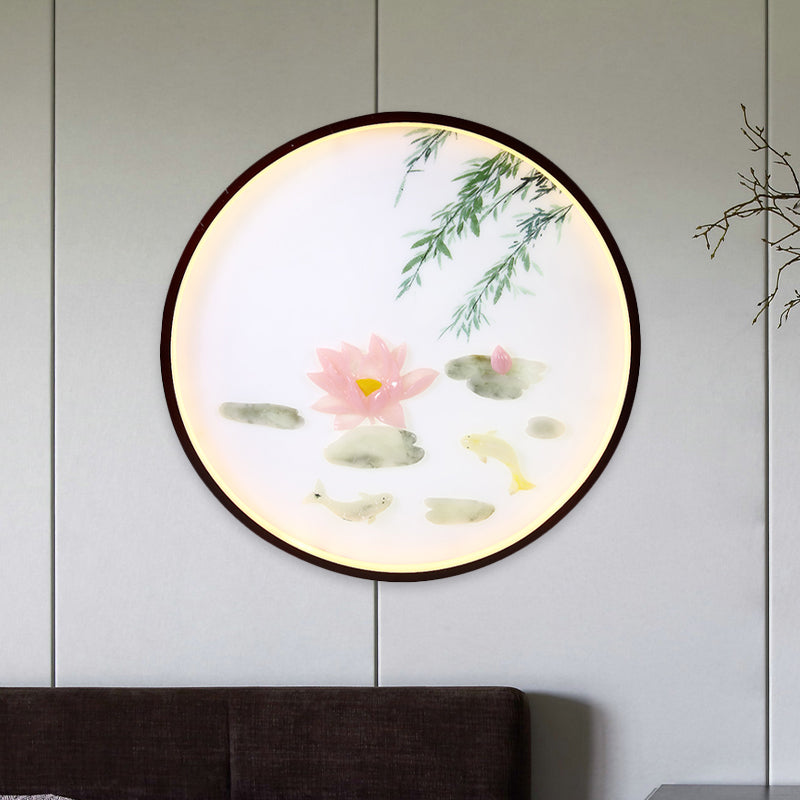 Pink Lotus Mural Wall Lighting Ideas Asian Acrylic Integrated LED Flush Mount Wall Sconce Clearhalo 'Wall Lamps & Sconces' 'Wall Lights' Lighting' 1047089