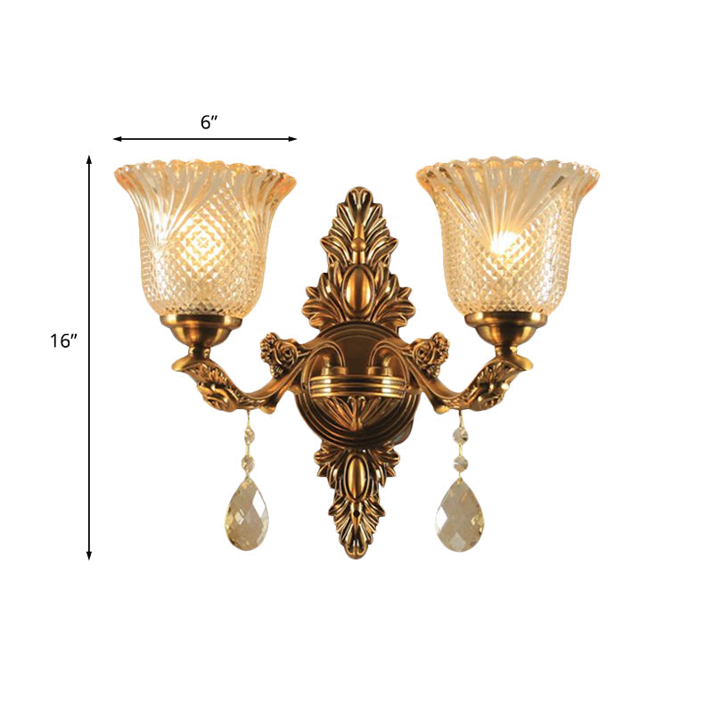 Lattice Glass Bell Wall Light Traditional 1/2-Head Living Room Sconce Lighting in Brass Clearhalo 'Wall Lamps & Sconces' 'Wall Lights' Lighting' 1047215