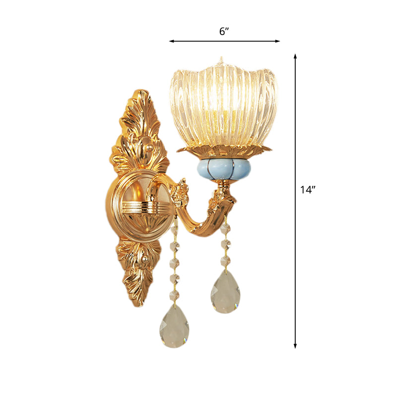 Single Ribbed Glass Wall Lamp Retro Gold Flower Bedroom Wall Mount Light Fixture Clearhalo 'Wall Lamps & Sconces' 'Wall Lights' Lighting' 1047223