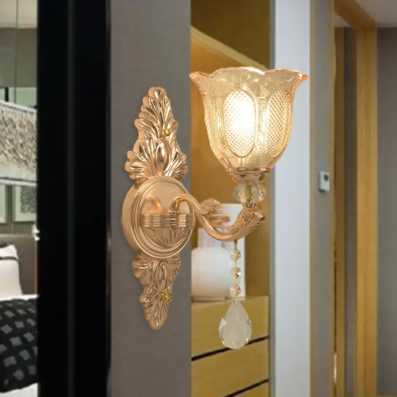 Gold 1/2-Light Wall Lighting Countryside Carved Glass Scalloped Sconce Light Fixture Clearhalo 'Wall Lamps & Sconces' 'Wall Lights' Lighting' 1047225