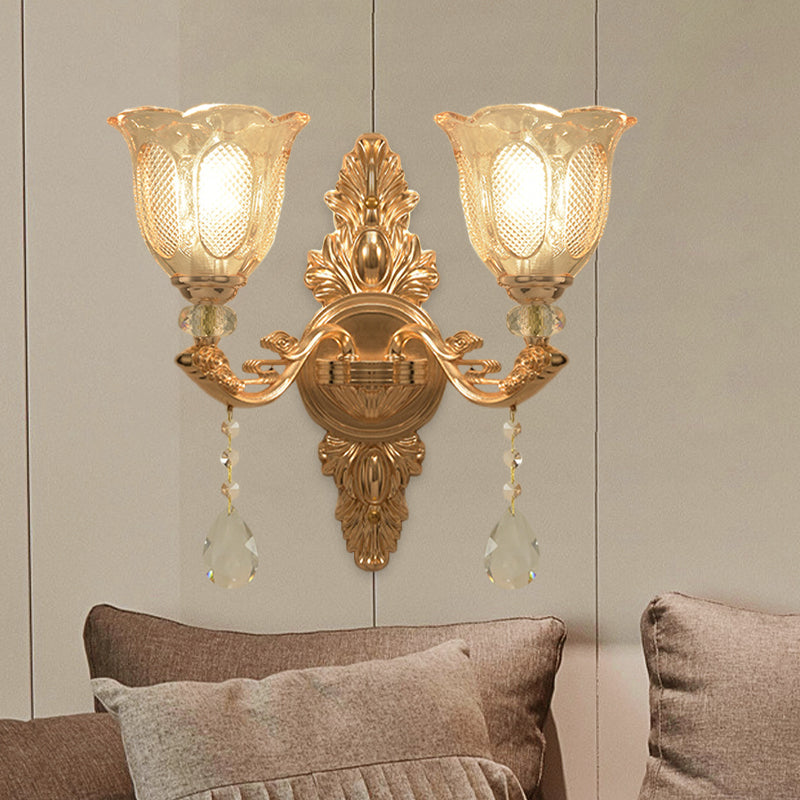 Gold 1/2-Light Wall Lighting Countryside Carved Glass Scalloped Sconce Light Fixture Clearhalo 'Wall Lamps & Sconces' 'Wall Lights' Lighting' 1047229