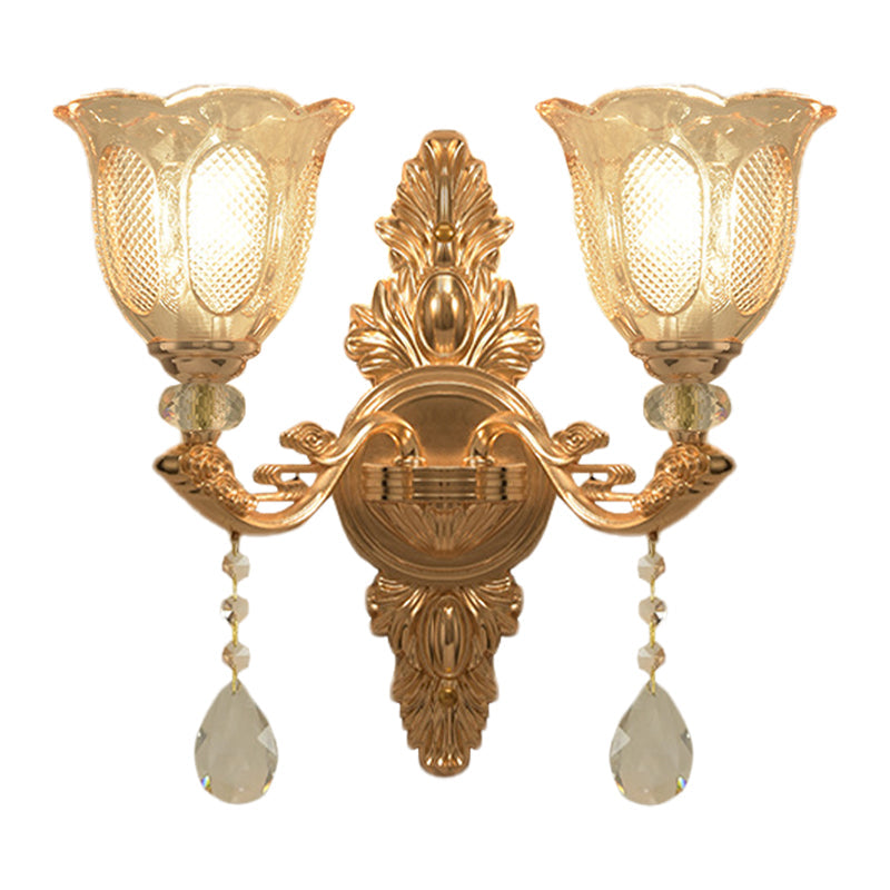 Gold 1/2-Light Wall Lighting Countryside Carved Glass Scalloped Sconce Light Fixture Clearhalo 'Wall Lamps & Sconces' 'Wall Lights' Lighting' 1047230