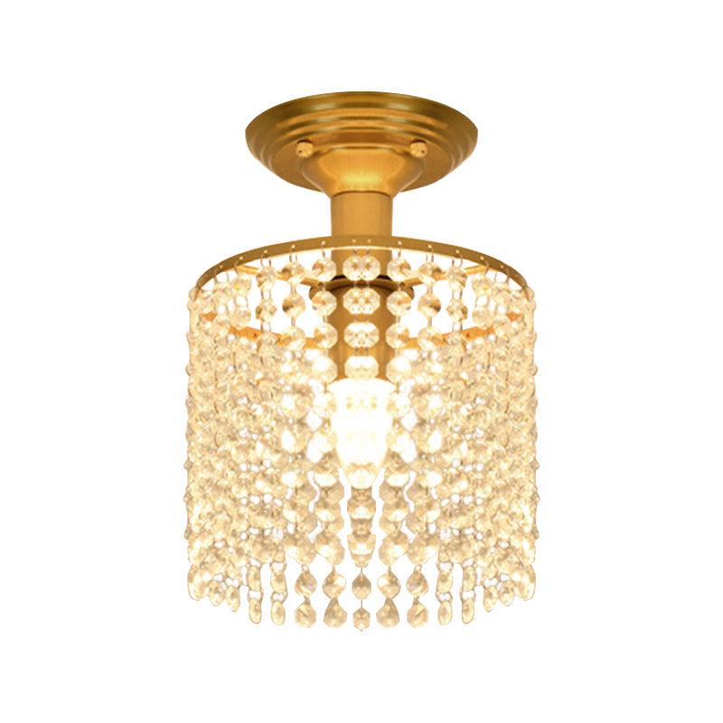 Cylindrical Crystal Strand Semi Flush Lamp Simple 1-Light Gold Finish Close to Ceiling Lighting Clearhalo 'Ceiling Lights' 'Close To Ceiling Lights' 'Close to ceiling' 'Semi-flushmount' Lighting' 1047351