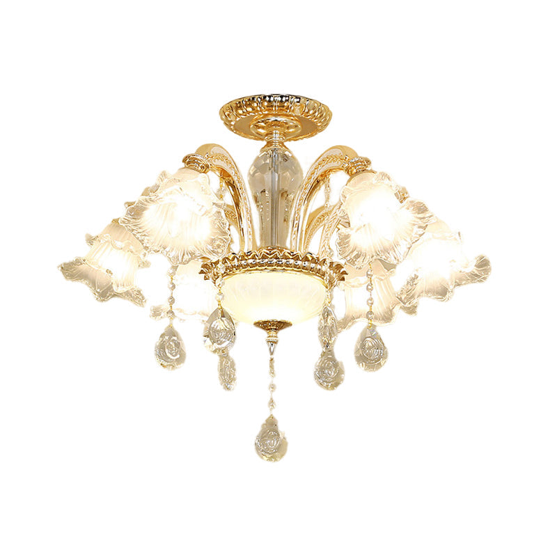 Hand-Cut K9 Crystal Flower Semi Flush Mid Century 6 Lights Bedroom Flush Ceiling Light Fixture in Gold Clearhalo 'Ceiling Lights' 'Close To Ceiling Lights' 'Close to ceiling' 'Glass shade' 'Glass' 'Pendant Lights' 'Semi-flushmount' Lighting' 1047363