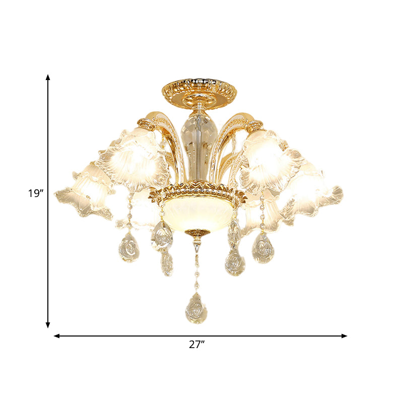 Hand-Cut K9 Crystal Flower Semi Flush Mid Century 6 Lights Bedroom Flush Ceiling Light Fixture in Gold Clearhalo 'Ceiling Lights' 'Close To Ceiling Lights' 'Close to ceiling' 'Glass shade' 'Glass' 'Pendant Lights' 'Semi-flushmount' Lighting' 1047364