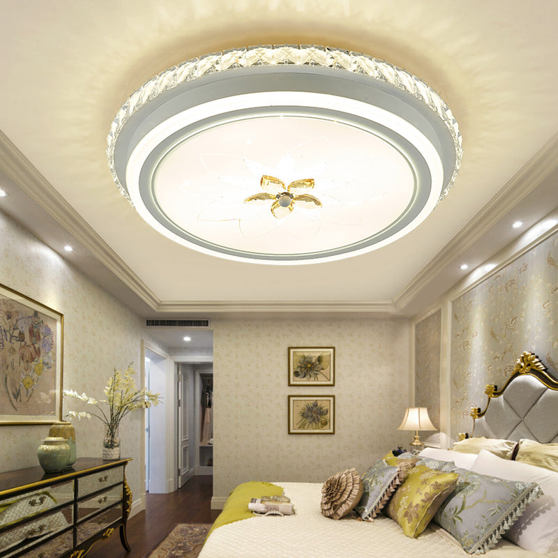 White Finish Round Ceiling Mounted Fixture Simplicity LED Metal Flush Lighting with Flower Crystal Decor White Clearhalo 'Ceiling Lights' 'Close To Ceiling Lights' 'Close to ceiling' 'Flush mount' Lighting' 1047369