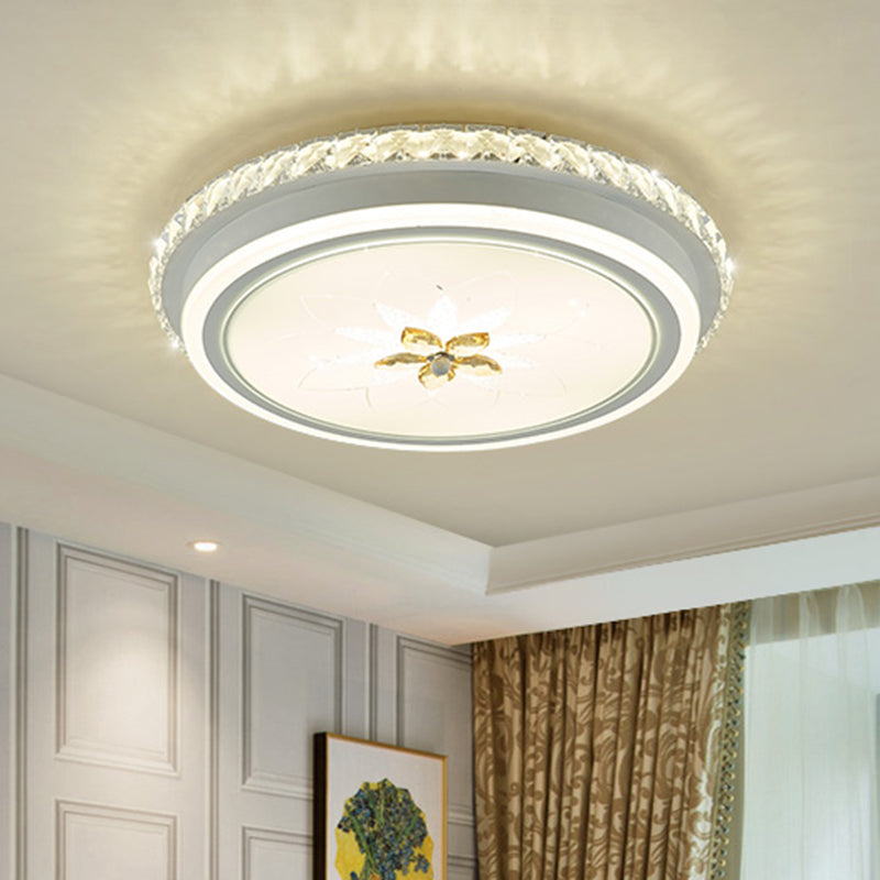 White Finish Round Ceiling Mounted Fixture Simplicity LED Metal Flush Lighting with Flower Crystal Decor Clearhalo 'Ceiling Lights' 'Close To Ceiling Lights' 'Close to ceiling' 'Flush mount' Lighting' 1047370