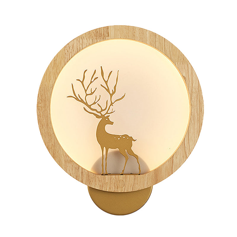 Wood Halo Ring Mural Lighting Contemporary Black/Beige LED Wall Sconce with Sika Deer Silhouette Clearhalo 'Wall Lamps & Sconces' 'Wall Lights' Lighting' 1047427