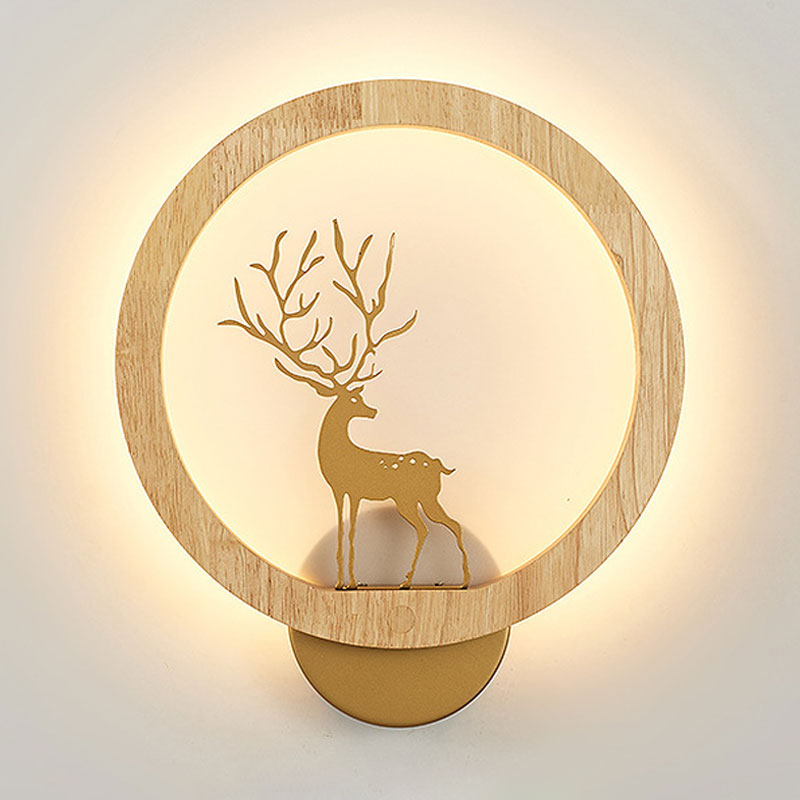 Wood Halo Ring Mural Lighting Contemporary Black/Beige LED Wall Sconce with Sika Deer Silhouette Clearhalo 'Wall Lamps & Sconces' 'Wall Lights' Lighting' 1047428