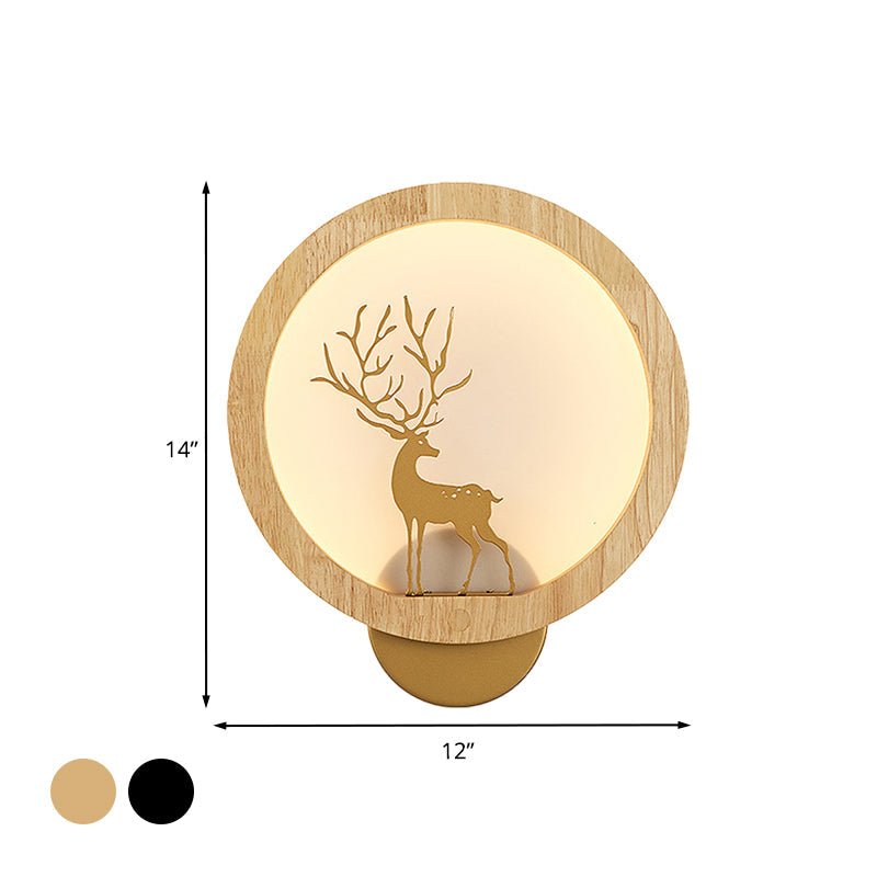 Wood Halo Ring Mural Lighting Contemporary Black/Beige LED Wall Sconce with Sika Deer Silhouette Clearhalo 'Wall Lamps & Sconces' 'Wall Lights' Lighting' 1047429