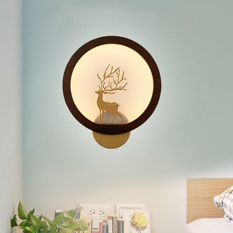 Wood Halo Ring Mural Lighting Contemporary Black/Beige LED Wall Sconce with Sika Deer Silhouette Clearhalo 'Wall Lamps & Sconces' 'Wall Lights' Lighting' 1047431