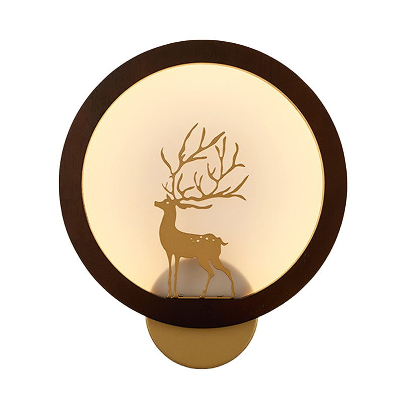 Wood Halo Ring Mural Lighting Contemporary Black/Beige LED Wall Sconce with Sika Deer Silhouette Clearhalo 'Wall Lamps & Sconces' 'Wall Lights' Lighting' 1047432