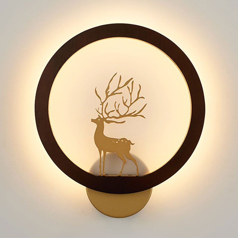 Wood Halo Ring Mural Lighting Contemporary Black/Beige LED Wall Sconce with Sika Deer Silhouette Clearhalo 'Wall Lamps & Sconces' 'Wall Lights' Lighting' 1047433