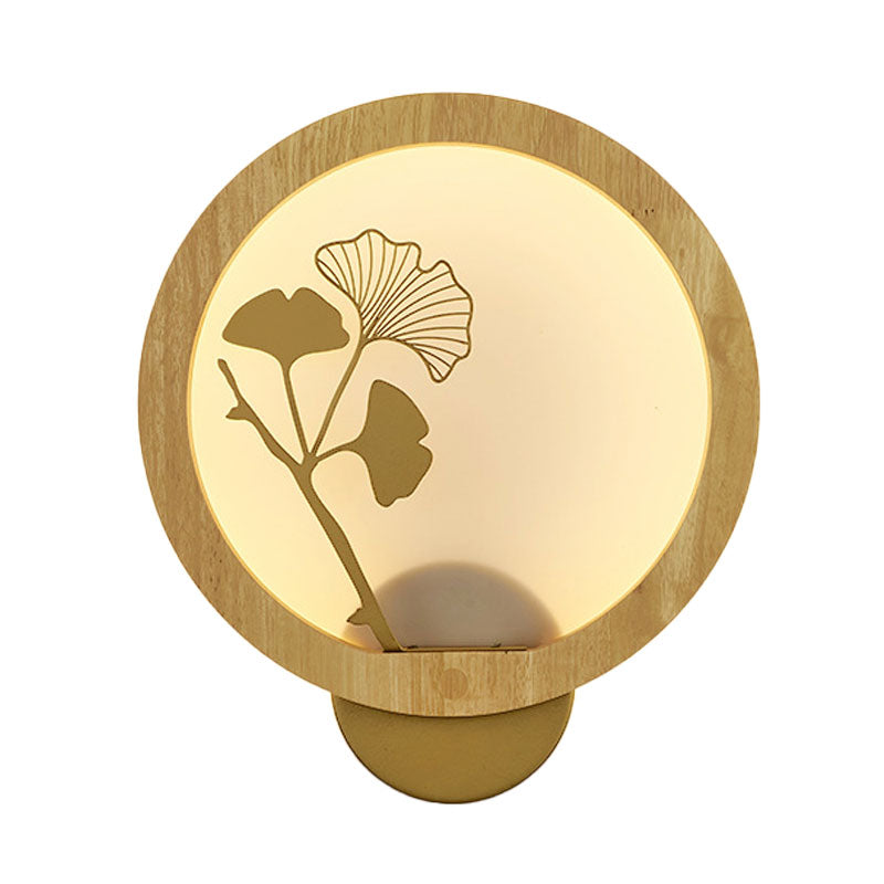 Asian Style Ginkgo Biloba LED Mural Light Wood Family Room Wall Lighting Fixture in Black/Beige Clearhalo 'Wall Lamps & Sconces' 'Wall Lights' Lighting' 1047449