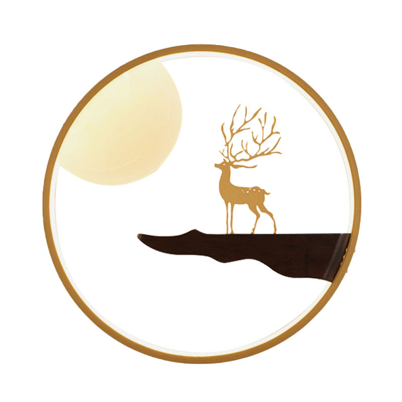 Asian LED Wall Mural Lighting Black/Beige Moon and Deer Wall Mounted Light with Wood Frame Clearhalo 'Wall Lamps & Sconces' 'Wall Lights' Lighting' 1047467