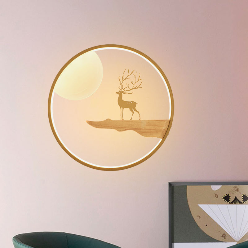 Asian LED Wall Mural Lighting Black/Beige Moon and Deer Wall Mounted Light with Wood Frame Clearhalo 'Wall Lamps & Sconces' 'Wall Lights' Lighting' 1047471