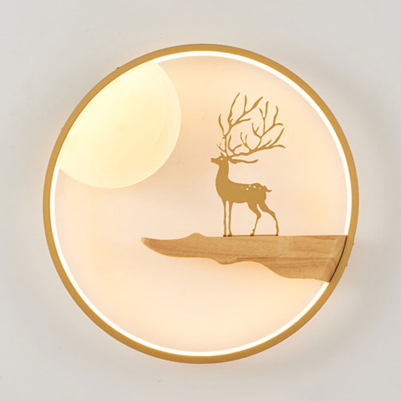 Asian LED Wall Mural Lighting Black/Beige Moon and Deer Wall Mounted Light with Wood Frame Clearhalo 'Wall Lamps & Sconces' 'Wall Lights' Lighting' 1047473