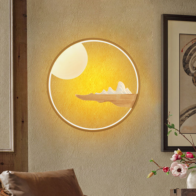 Mountain and Full Moon Wall Mural Light Asia Wooden Black/Beige LED Sconce Lighting for Hotel Clearhalo 'Wall Lamps & Sconces' 'Wall Lights' Lighting' 1047479