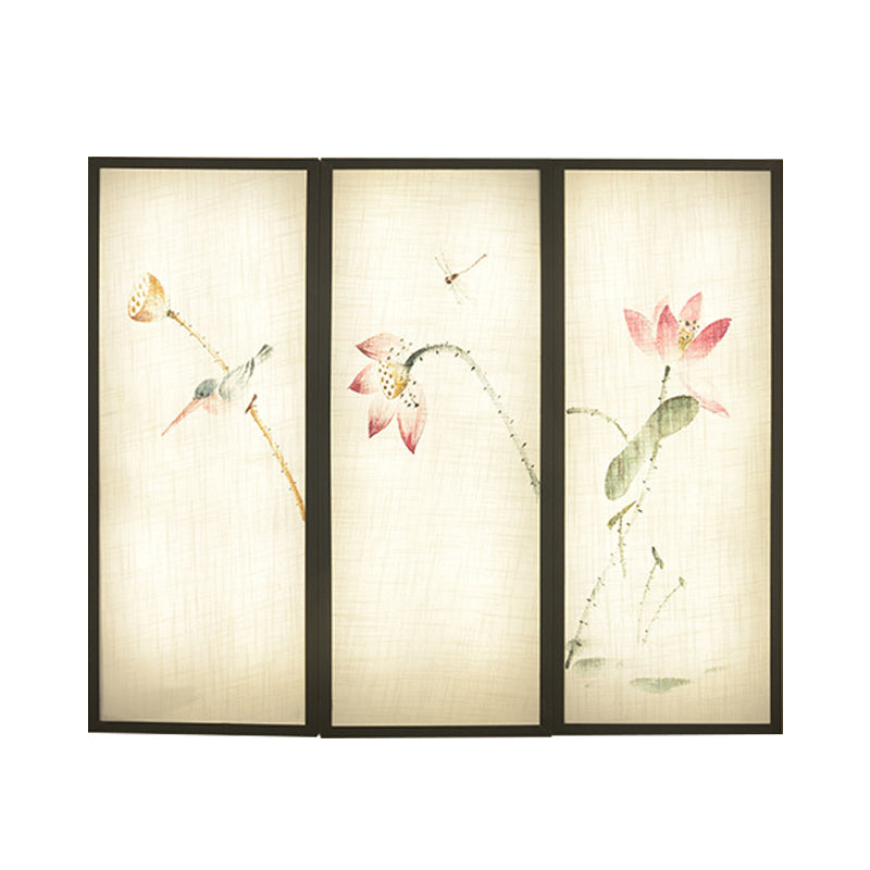 Black Panel Rectangular Mural Lamp Asia LED Fabric Wall Mount Lamp with Lotus Pattern Clearhalo 'Wall Lamps & Sconces' 'Wall Lights' Lighting' 1047520