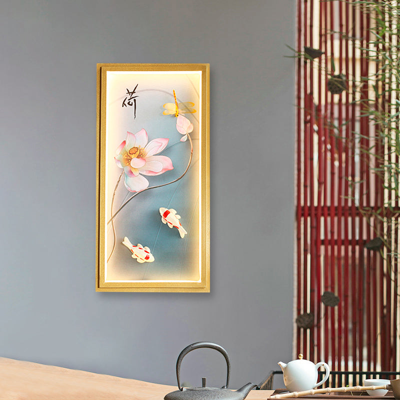 Asia Lotus Fabric Wall Mount Mural Lamp LED Flush Mount Wall Sconce in Gold for Bedroom Clearhalo 'Wall Lamps & Sconces' 'Wall Lights' Lighting' 1047558