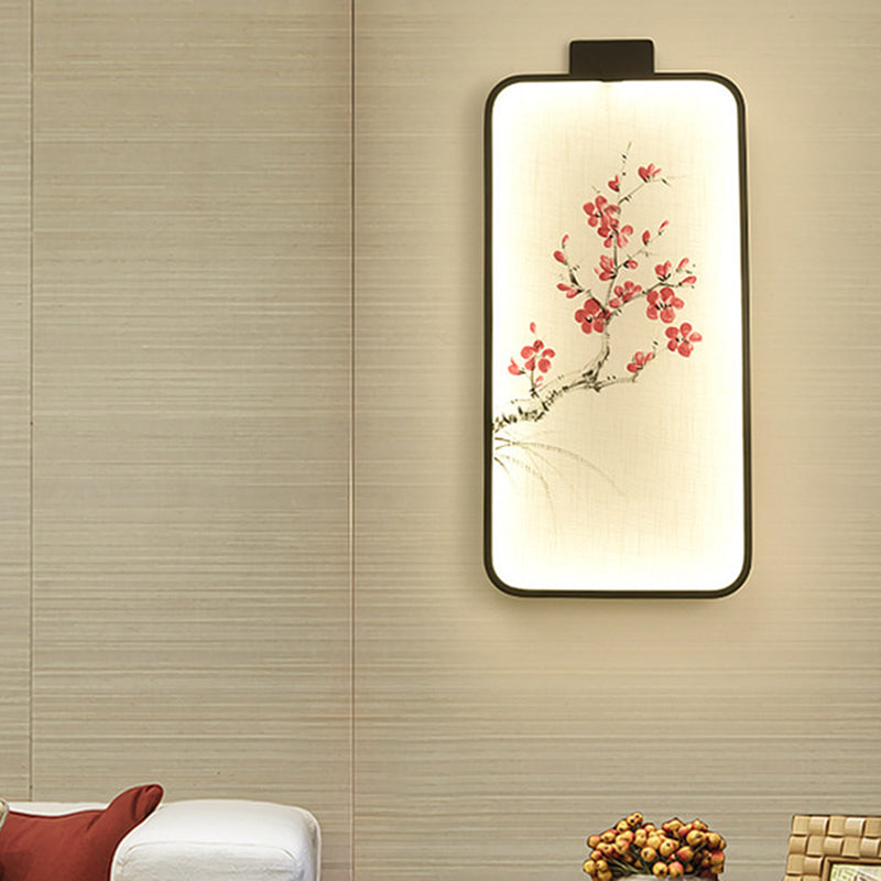 Fabric Blooming Lotus/Peach Mural Lamp Chinese Black LED Wall Mounted Lighting for Bedroom Clearhalo 'Wall Lamps & Sconces' 'Wall Lights' Lighting' 1047580