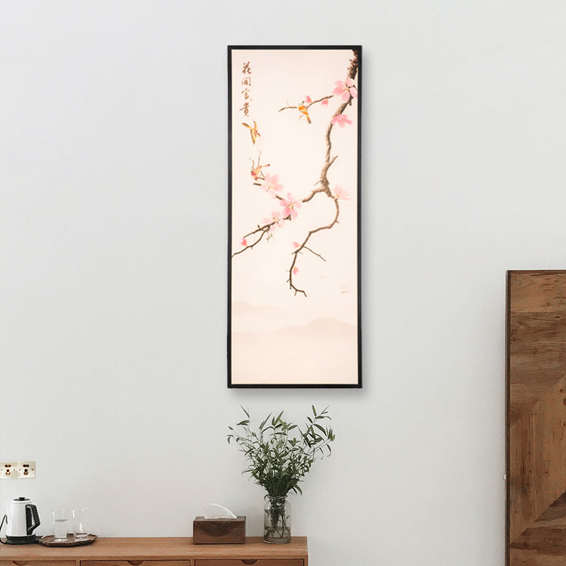 Asian Style LED Wall Mount Mural Light Black Bird and Peach Blossom Painting Sconce with Fabric Shade, 18