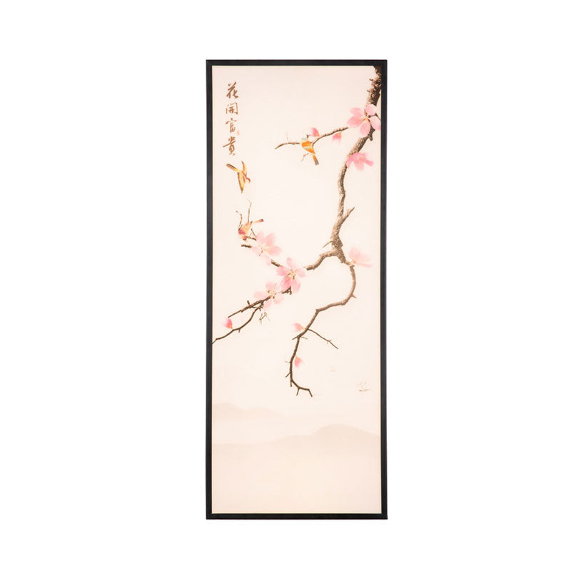 Asian Style LED Wall Mount Mural Light Black Bird and Peach Blossom Painting Sconce with Fabric Shade, 18