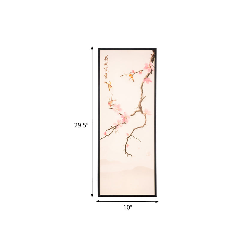 Asian Style LED Wall Mount Mural Light Black Bird and Peach Blossom Painting Sconce with Fabric Shade, 18