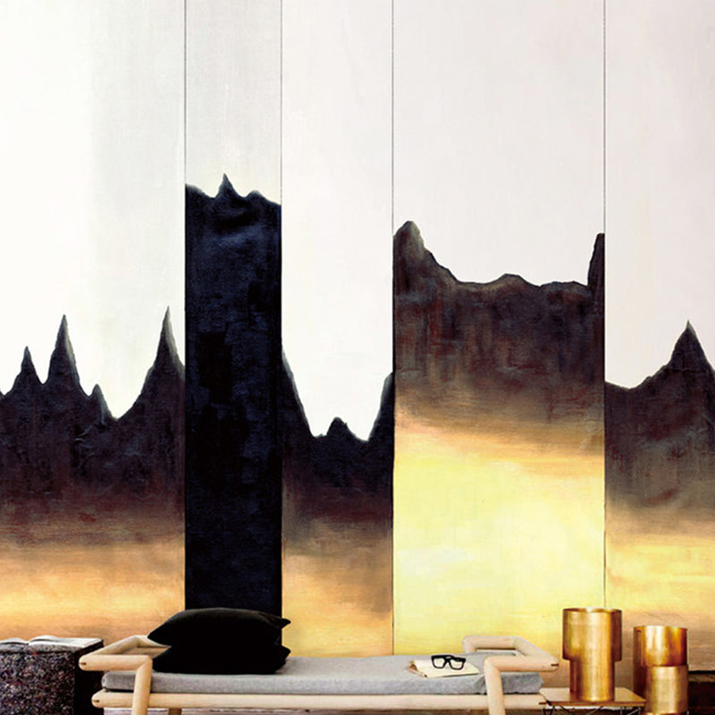 Illustration Mountain and Stripe Mural Wallpaper Custom-Made Guest Room Wall Decor, Made to Measure Black-Brown Clearhalo 'Wall Decor' 'Wall Mural' 1048071