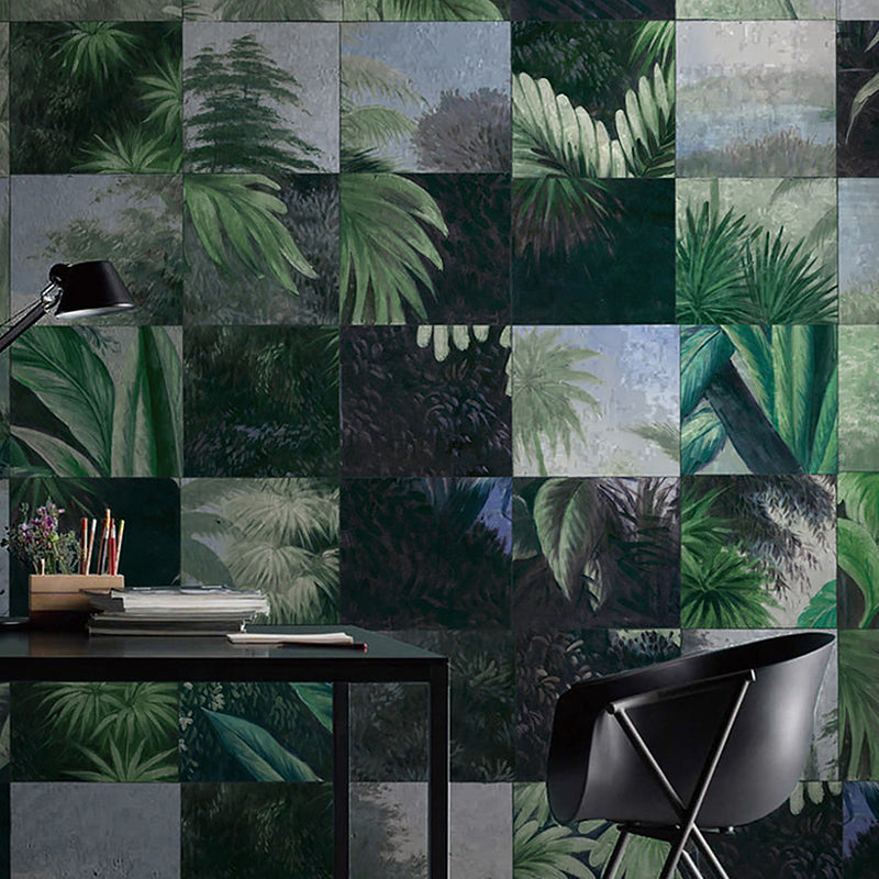 Simple Plants and Grid Mural for Accent Wall, Personalized Size Wall Covering in Black and Green Black-Green Clearhalo 'Wall Decor' 'Wall Mural' 1048076