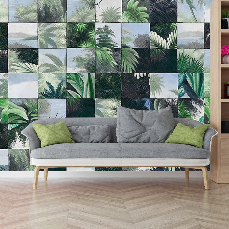 Simple Plants and Grid Mural for Accent Wall, Personalized Size Wall Covering in Black and Green Clearhalo 'Wall Decor' 'Wall Mural' 1048077