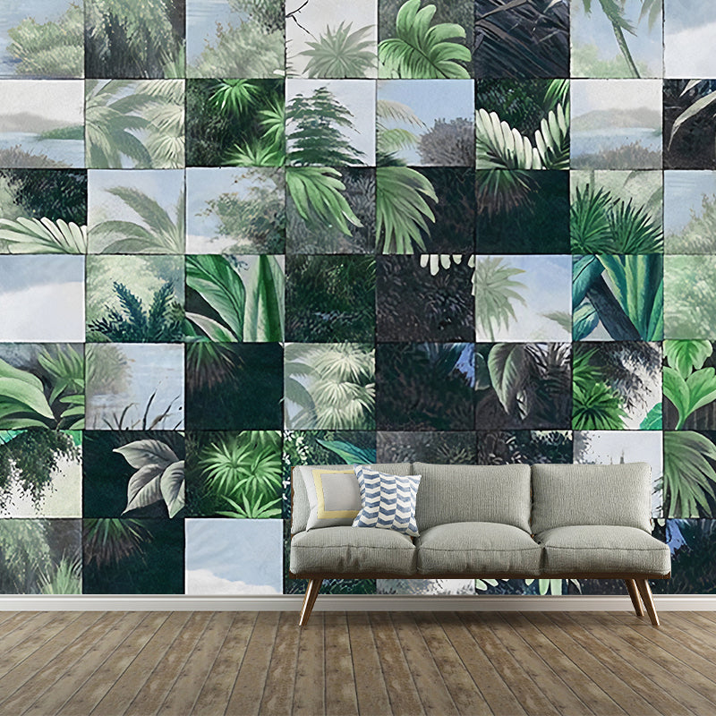 Simple Plants and Grid Mural for Accent Wall, Personalized Size Wall Covering in Black and Green Clearhalo 'Wall Decor' 'Wall Mural' 1048078