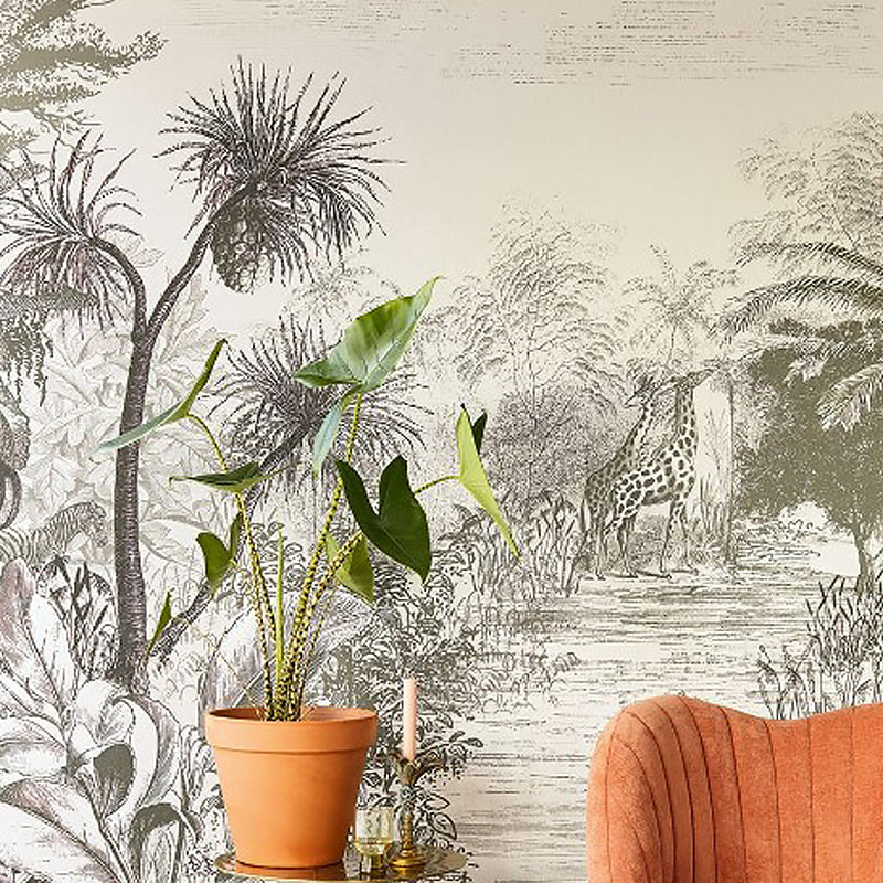 Simple Giraffe and Jungle Mural for Accent Wall, Custom-Made Wall Covering in Soft Grey Grey Clearhalo 'Wall Decor' 'Wall Mural' 1048175