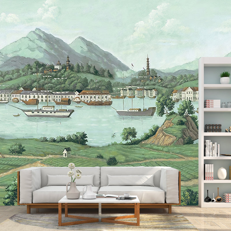 Full Illustration Nordic Wall Mural Decal for Home Decoration with Mountain and Countryside Design in Green Clearhalo 'Wall Decor' 'Wall Mural' 1048186