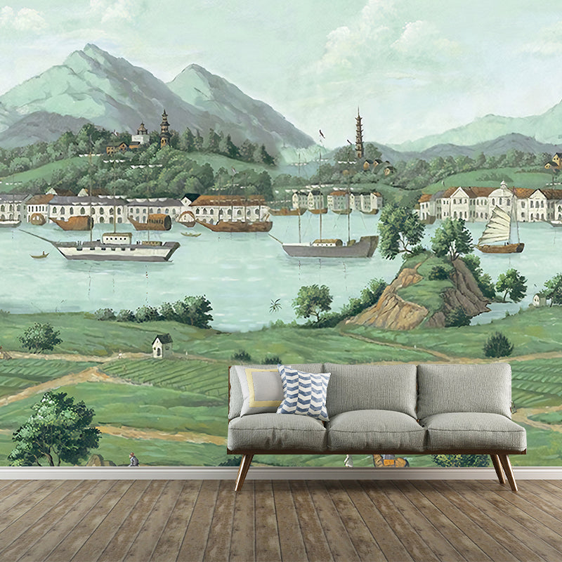 Full Illustration Nordic Wall Mural Decal for Home Decoration with Mountain and Countryside Design in Green Clearhalo 'Wall Decor' 'Wall Mural' 1048187