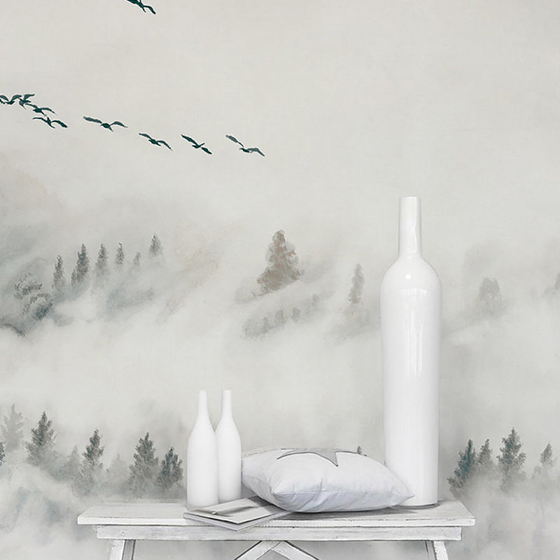 Misty Forest and Bird Mural Wallpaper for Guest Room Decor, Grey and White, Made to Measure Gray-White Clearhalo 'Wall Decor' 'Wall Mural' 1048222